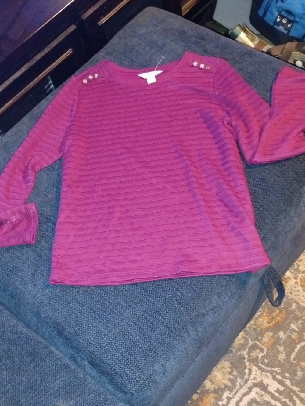 Liz Claiborne Magenta Ribbed Long-Sleeve Crewneck Top with Shoulder Buttons